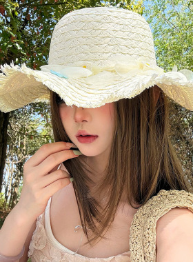 花朵大帽檐草帽女夏季海边沙滩