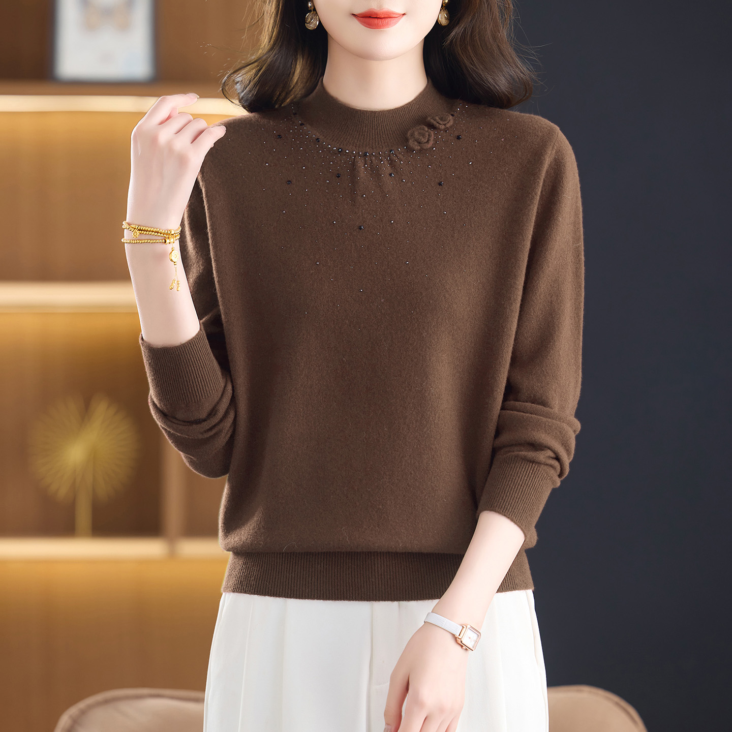 鹿王纯羊绒衫女士圆领长袖