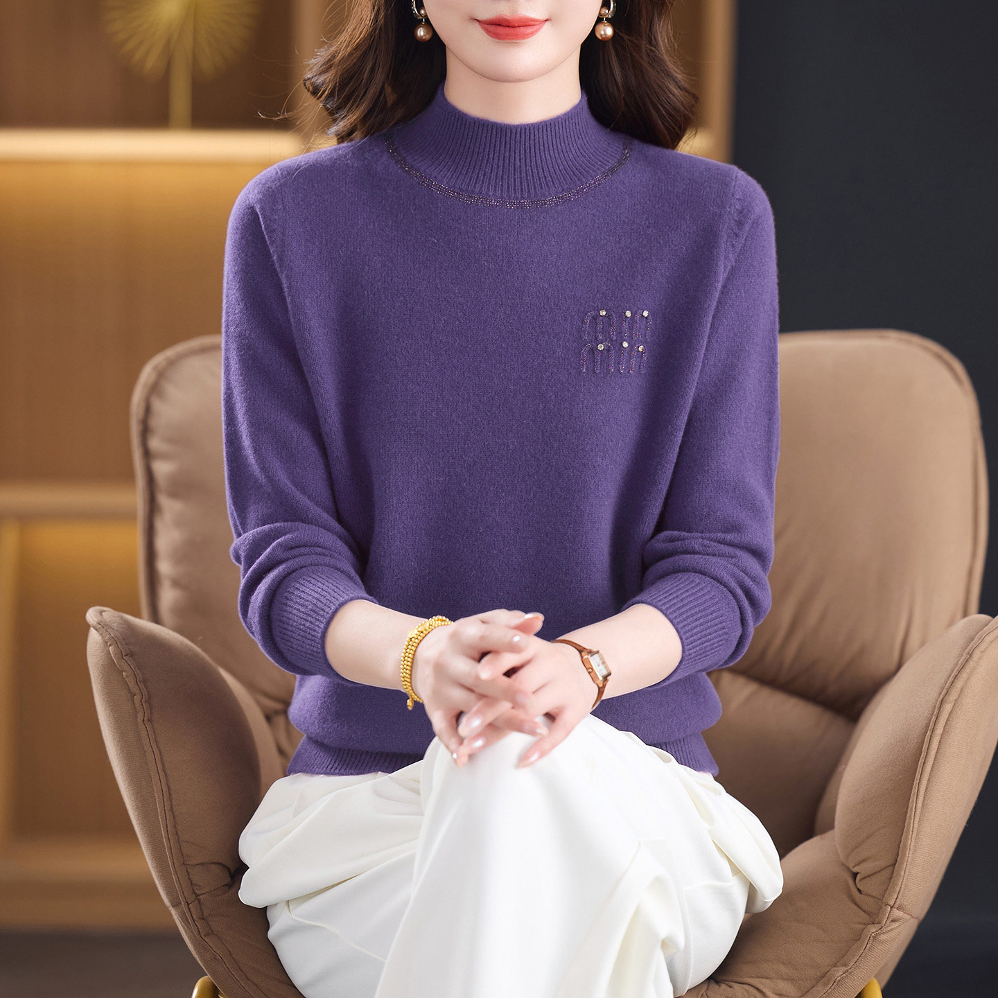 鹿王100%纯羊绒衫女士紫色半高领