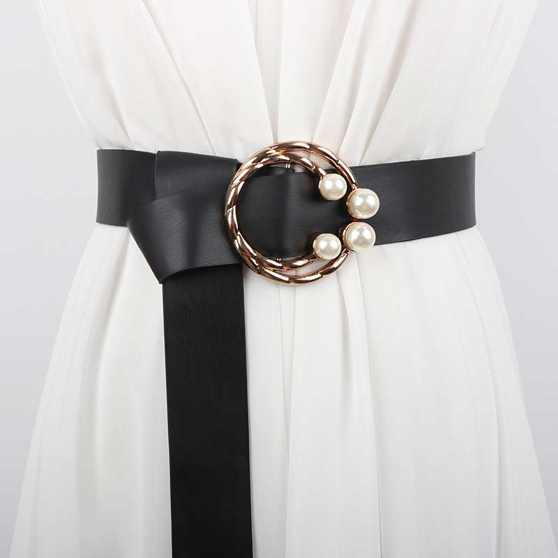 黑色腰带女士装饰连衣裙复古大衣裙子时尚百搭韩国珍珠新款宽皮带