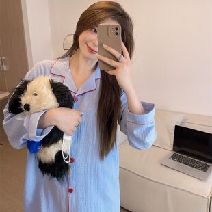 清新简约条纹棉麻睡衣女秋冬季长袖长裤韩版休闲家居服两件套装春