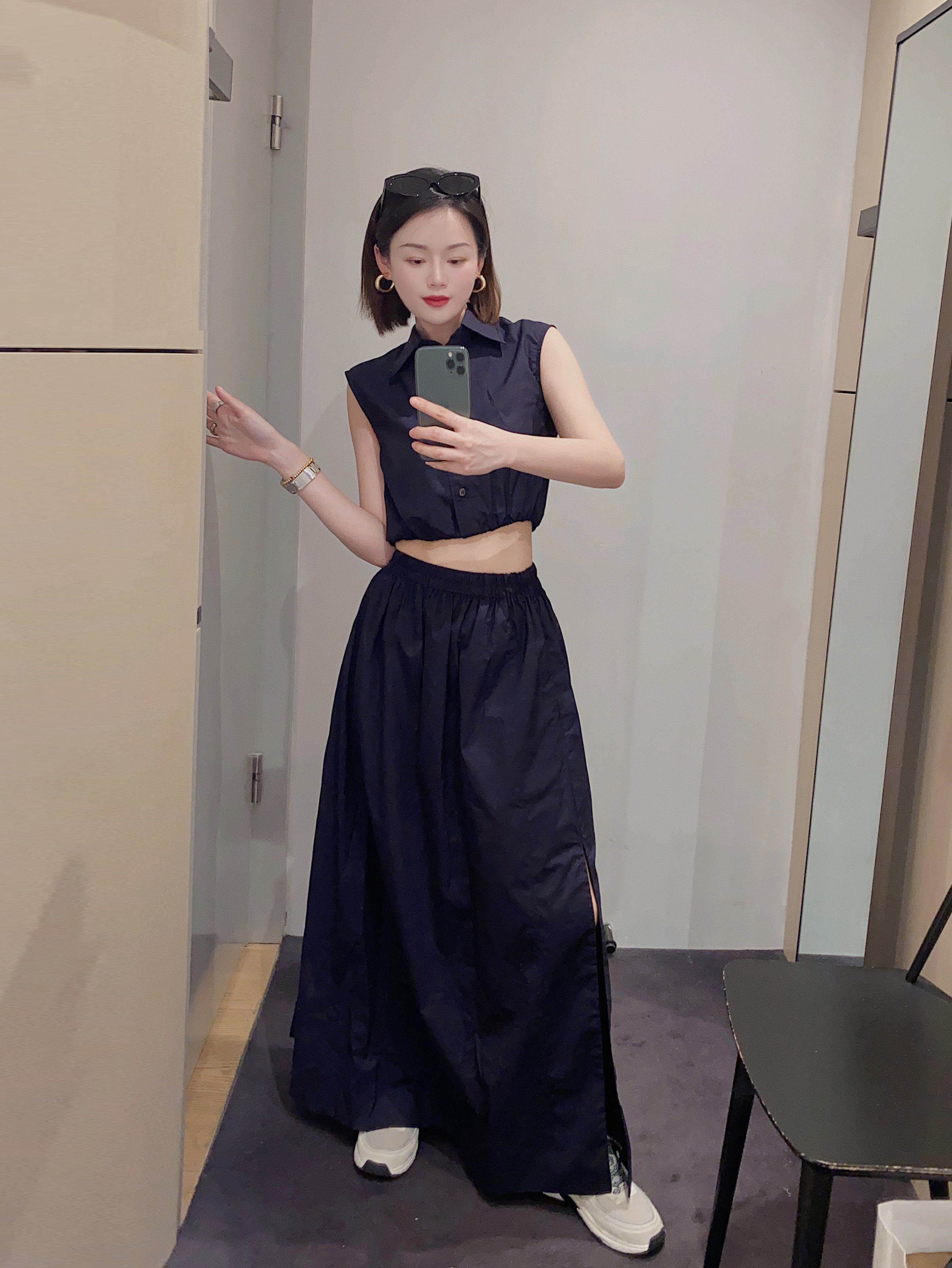 yjiid自制23夏新品 cos风休闲版型无袖弹力腰边短款衬衫 松紧半裙