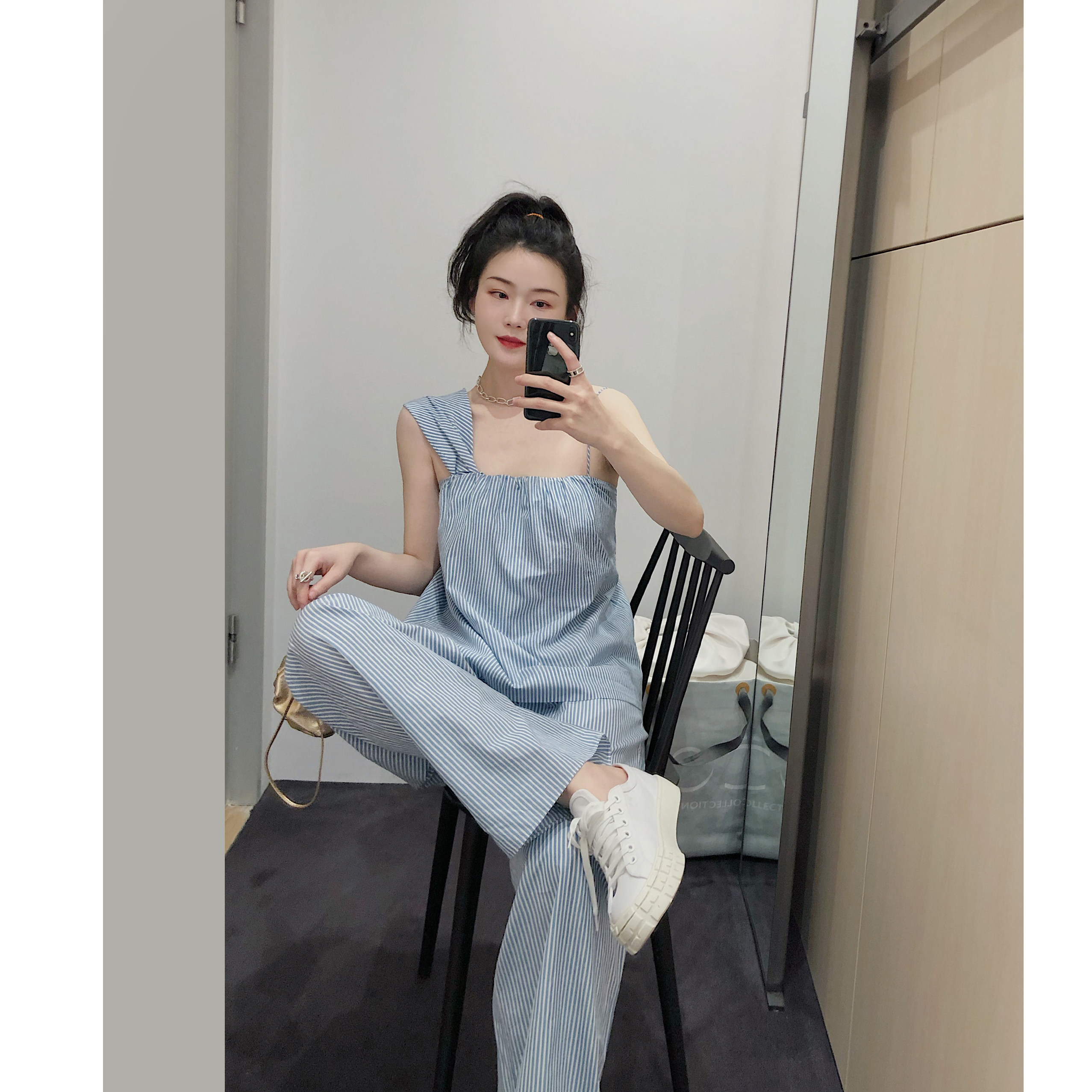 yjiid自制23夏新品 cos风清新度假风棉质不对称条纹吊带 裤子套装