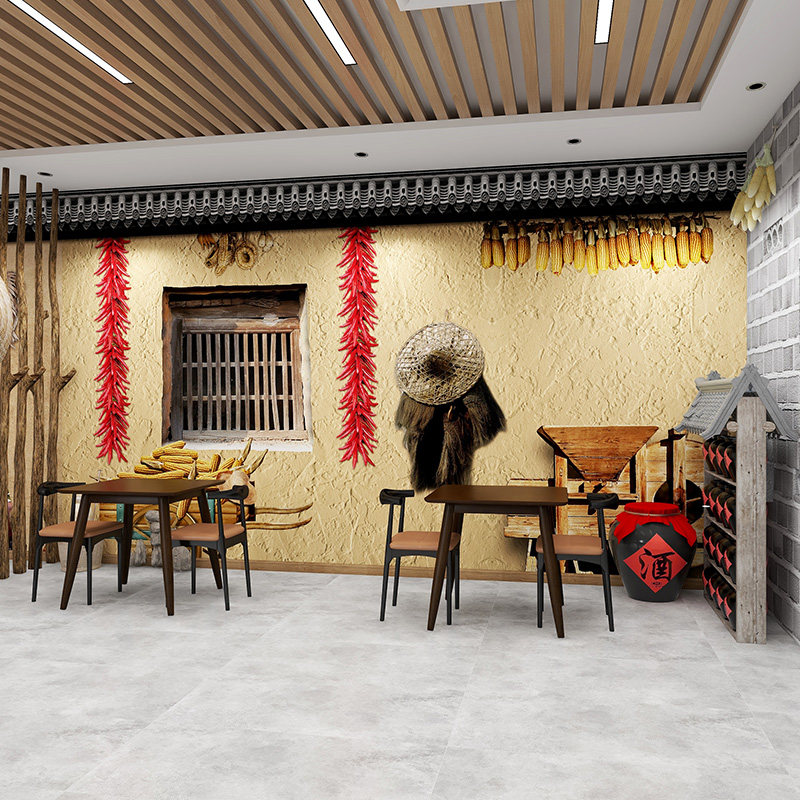农家乐饭店装修墙纸怀旧复古农村餐厅火锅店乡村直播背景墙壁纸