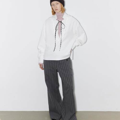 unnone item原创小众V领绑带花边宽松衬衣式针织上衣卫衣含领巾