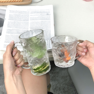 家用喝水杯女磨砂咖啡杯 冰川纹带把手玻璃杯ins风高颜值杯子夏季