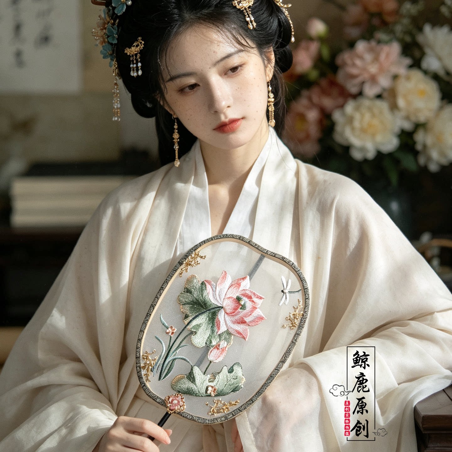 鲸鹿原创芙蕖蜻鸣绣花团扇中式复古汉服装饰拍照道具扇子图片
