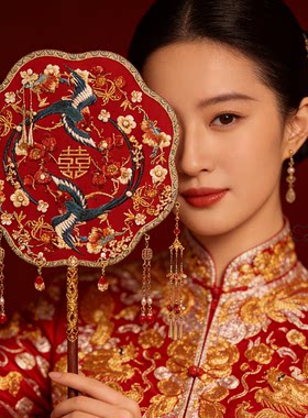 鲸鹿原创鹊笑鸠舞双面团扇新娘结婚礼出嫁高级成品秀禾喜扇送礼