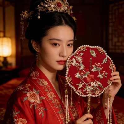 鲸鹿原创风传花信喜扇蝴蝶山茶花绣花婚扇中式汉服秀禾新娘结婚