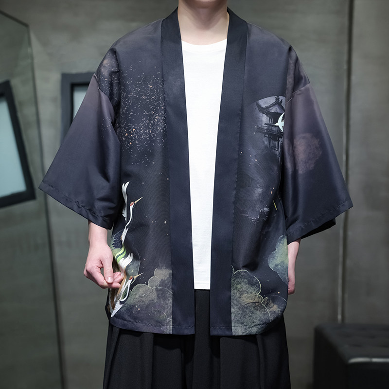 夏季新款风印花仙鹤汉服风衣开衫披风男DSA008-1K85P40,男装风衣,电商A008-1