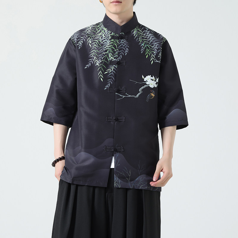 2025夏季新款风短袖衬衫唐装汉服风印花男A008-1-S203-P45,男装T恤,电商A008-1
