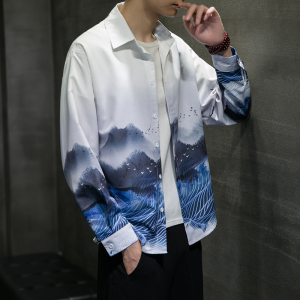 新款风 山水 印花长袖衬衫外塔 6006S602-P45图片