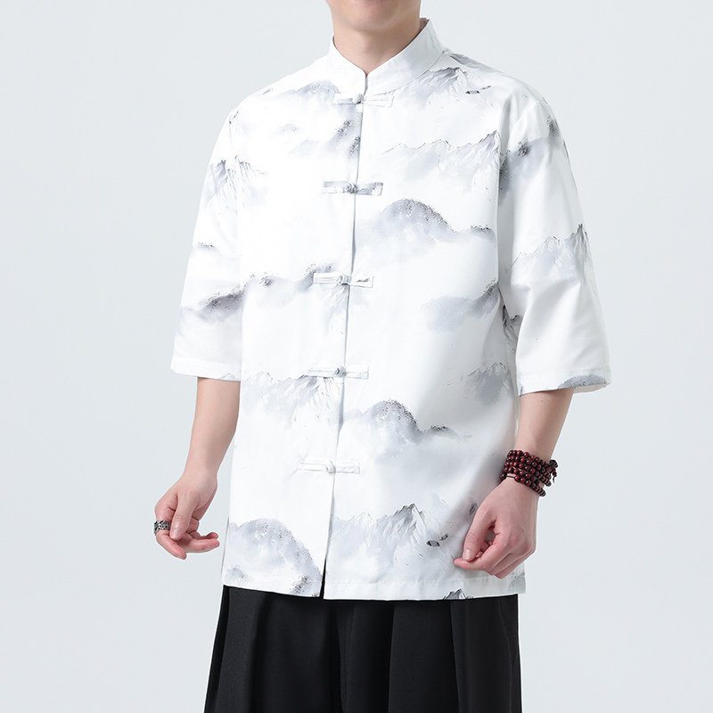 夏季新款风短袖衬衫唐装汉服风印花男A008-1-S207-P45,男装T恤,电商A008-1