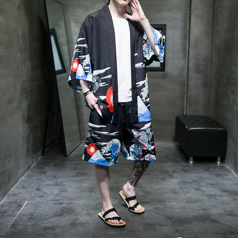 2025夏季风道袍男短袖汉服开衫和服防晒衣套装QT6006TZK53P70,男装防晒衣,电商A008-1