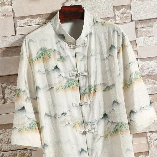 夏季新款风短袖衬衫唐装汉服风印花男A008-1-1102-P50,男装衬衫,电商A008-1