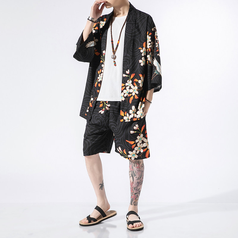 夏季风道袍男短袖汉服开衫汉服防晒衣套装DSA008-1-TZK08P70图片