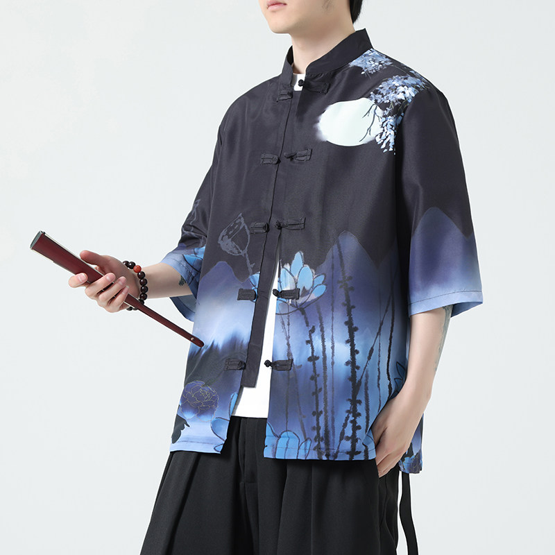 夏季新款风短袖衬衫唐装汉服风印花男A008-1-S201-P45,男装T恤,电商A008-1