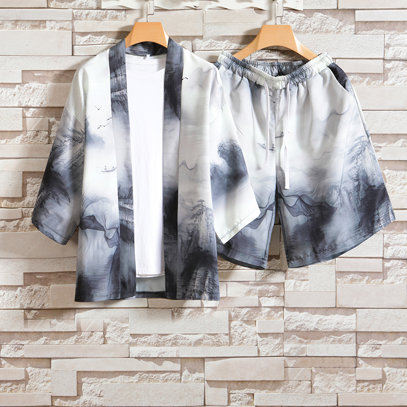 2025夏季风道袍男短袖汉服开衫和服防晒衣套装QT6006TZK51P70，男装防晒衣，电商A008-1