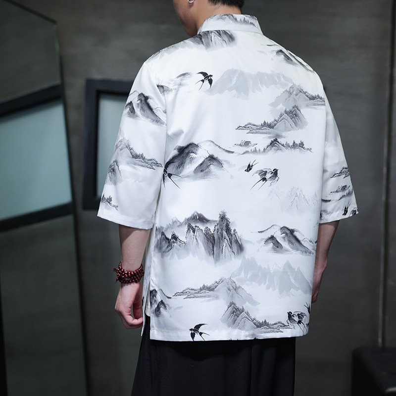 夏季新款风短袖衬衫唐装汉服风印花男A008-1-S206-P45,男装T恤,电商A008-1