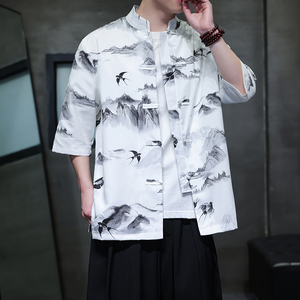 夏季新款风短袖衬衫唐装汉服风印花男A008-1-S206-P45图片