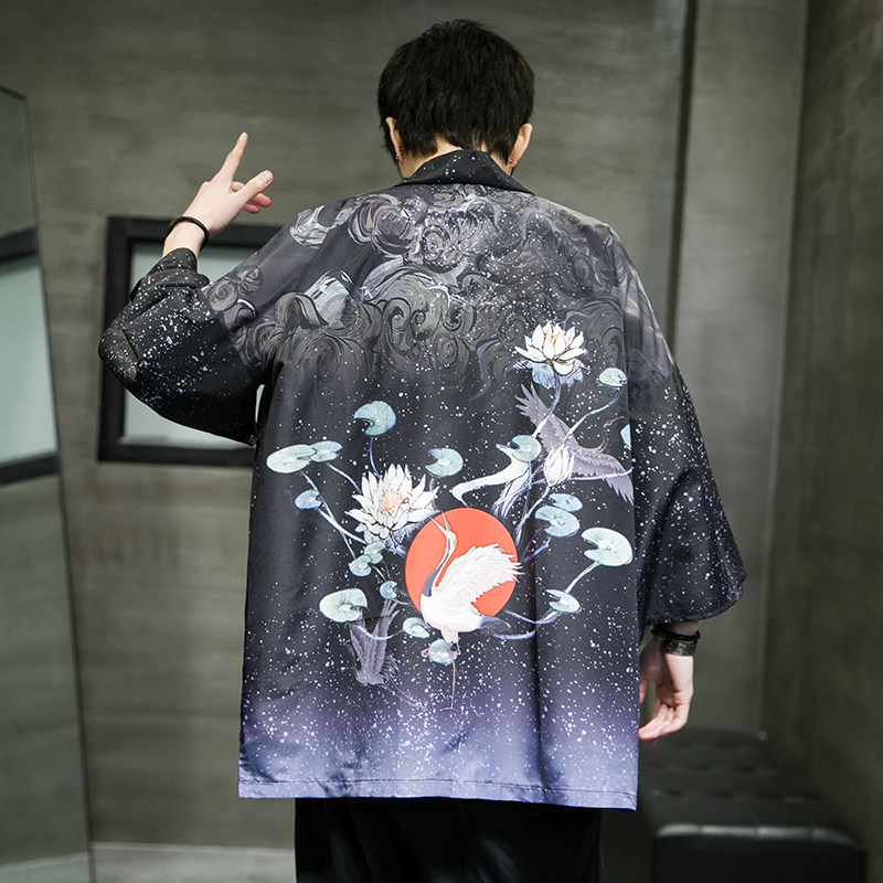 夏季新款风青叶仙鹤汉服开衫披风男DS-A008-1-K037p40,男装风衣,电商A008-1