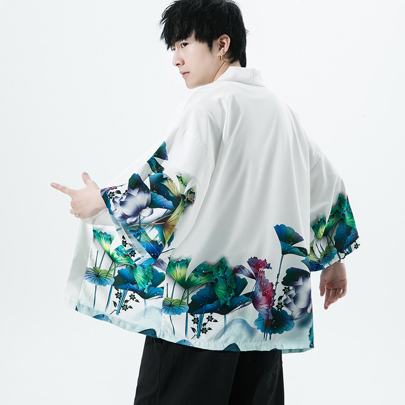 2025夏季新款风仙鹤青叶荷花和服开衫披风男款6006K039p40,男装卫衣,电商A008-1