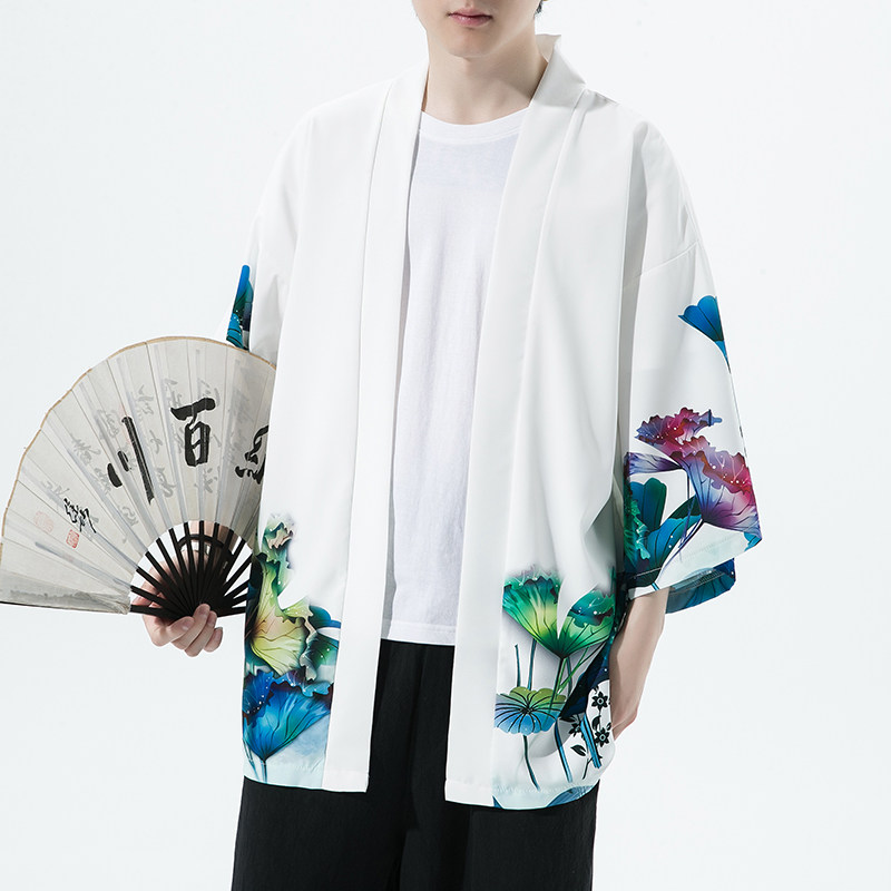 2025夏季新款风仙鹤青叶荷花和服开衫披风男款6006K039p40,男装卫衣,电商A008-1