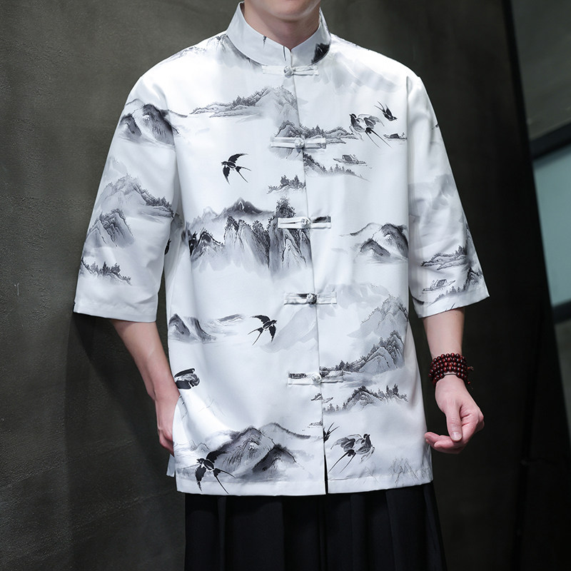 夏季新款风短袖衬衫唐装汉服风印花男A008-1-S206-P45,男装T恤,电商A008-1