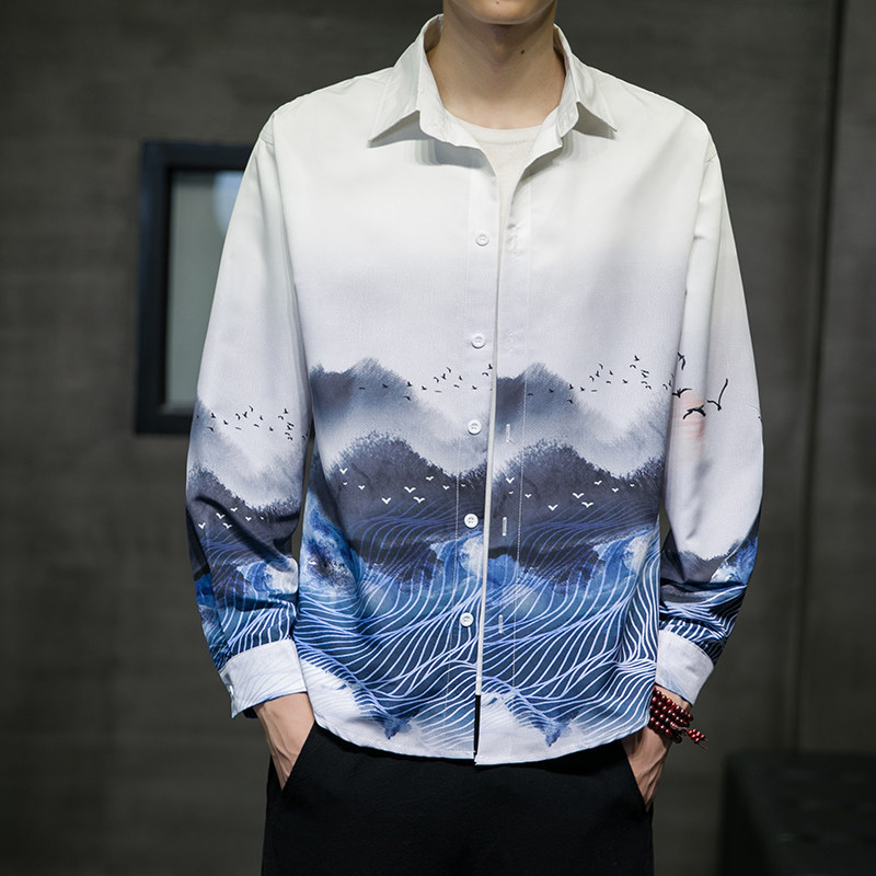 新款风 山水 印花长袖衬衫外塔 A008-1-S602-P45图片