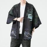 夏季新款风大鱼竹叶和服开衫披风男DS-A008-1-K91p40，男装风衣，电商A008-1