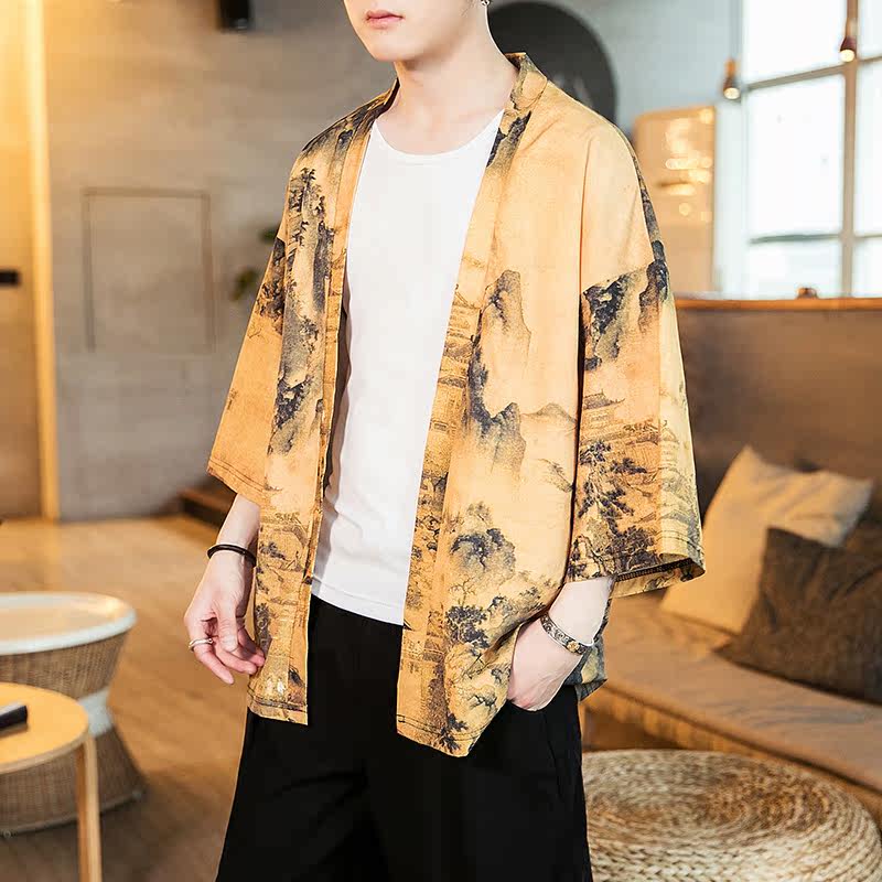 2025夏季新款风飞鹤山水鲤鱼汉服开衫披风男DSA008-1K02p40,男装民族服装,电商A008-1