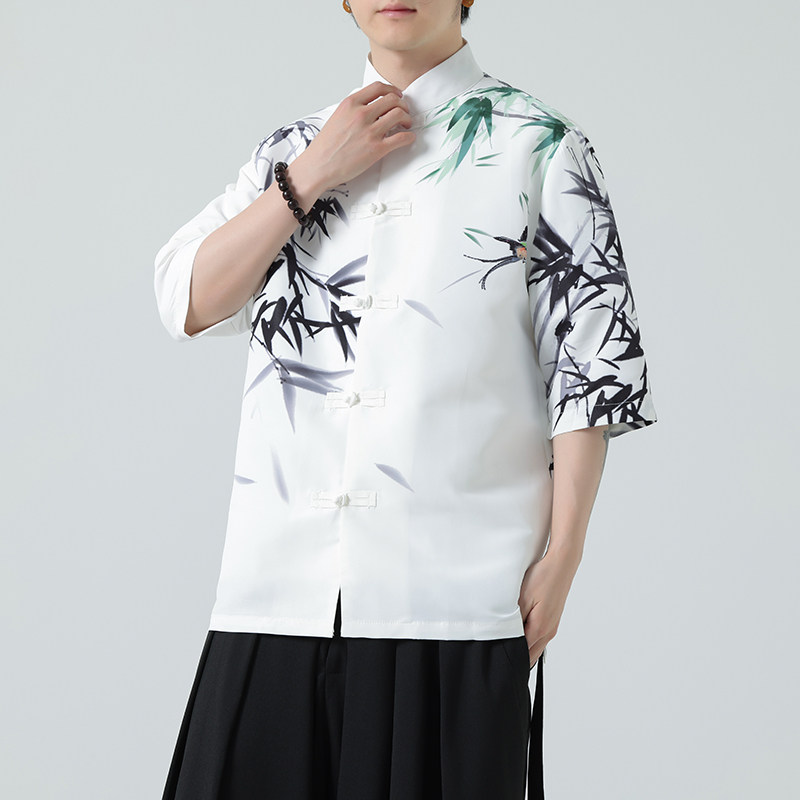 2025夏季新款风短袖衬衫唐装汉服风印花男A008-1-S204-P45,男装T恤,电商A008-1