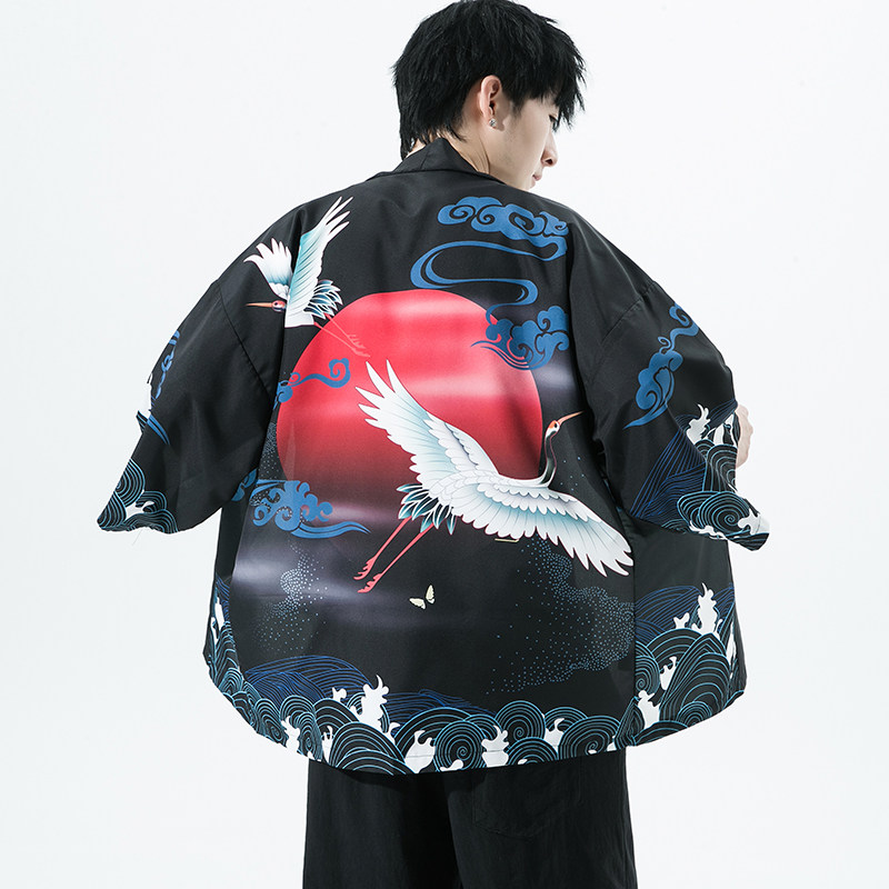 2025夏季新款风红日仙鹤和服开衫披风男款6006K039p40,男装卫衣,电商A008-1