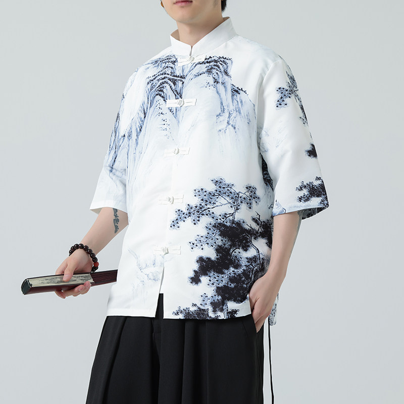 2025夏季新款风短袖衬衫唐装汉服风印花男A008-1-S202-P45,男装T恤,电商A008-1