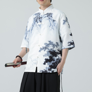 2025夏季新款风短袖衬衫唐装汉服风印花男A008-1-S202-P45图片
