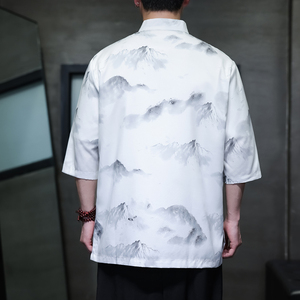 夏季新款风短袖衬衫唐装汉服风印花男A008-1-S207-P45图片