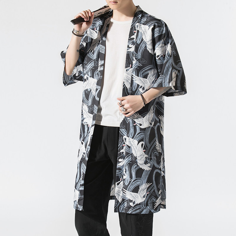 印花夏季新款风长款仙鹤汉服开衫披风男DSA008-1K06p50,男装民族服装,电商A008-1