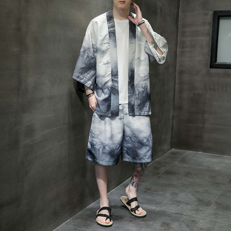 夏季风道袍男短袖汉服开衫和服防晒衣套装DS-A008-1-TZK51P70,男装防晒衣,电商A008-1