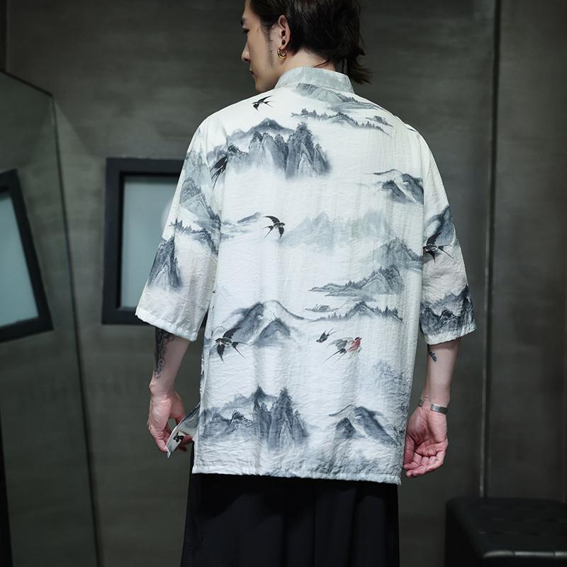 夏季新款风短袖衬衫唐装汉服风印花男A008-1-1102-P50,男装衬衫,电商A008-1