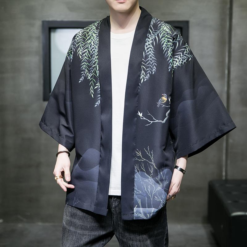 夏季新款风大鱼竹叶和服开衫披风男DS-A008-1-K91p40,男装风衣,电商A008-1