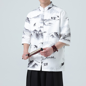 夏季新款风短袖衬衫唐装汉服风印花男A008-1-S206-P45图片