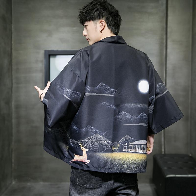 夏季新款风仙鹤祥鹿汉服开衫披风男DS-A008-1-K93p40,男装民族服装,电商A008-1