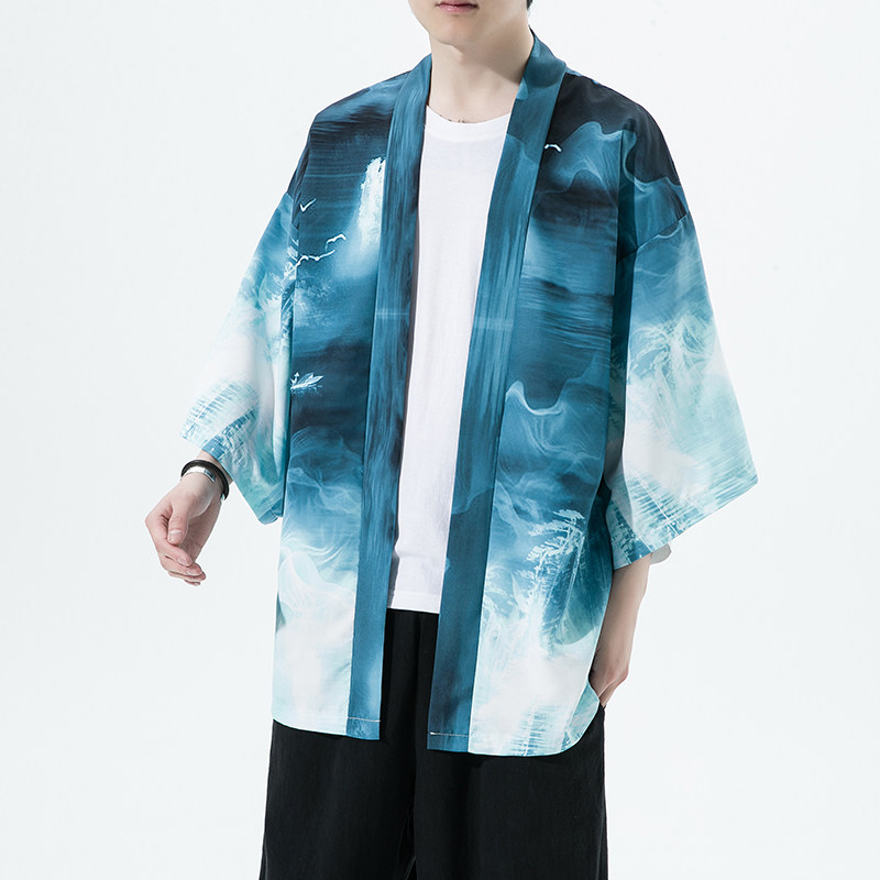 2025夏季新款风印花山川汉服开衫披风男DS-A008-1K89P40,男装民族服装,电商A008-1