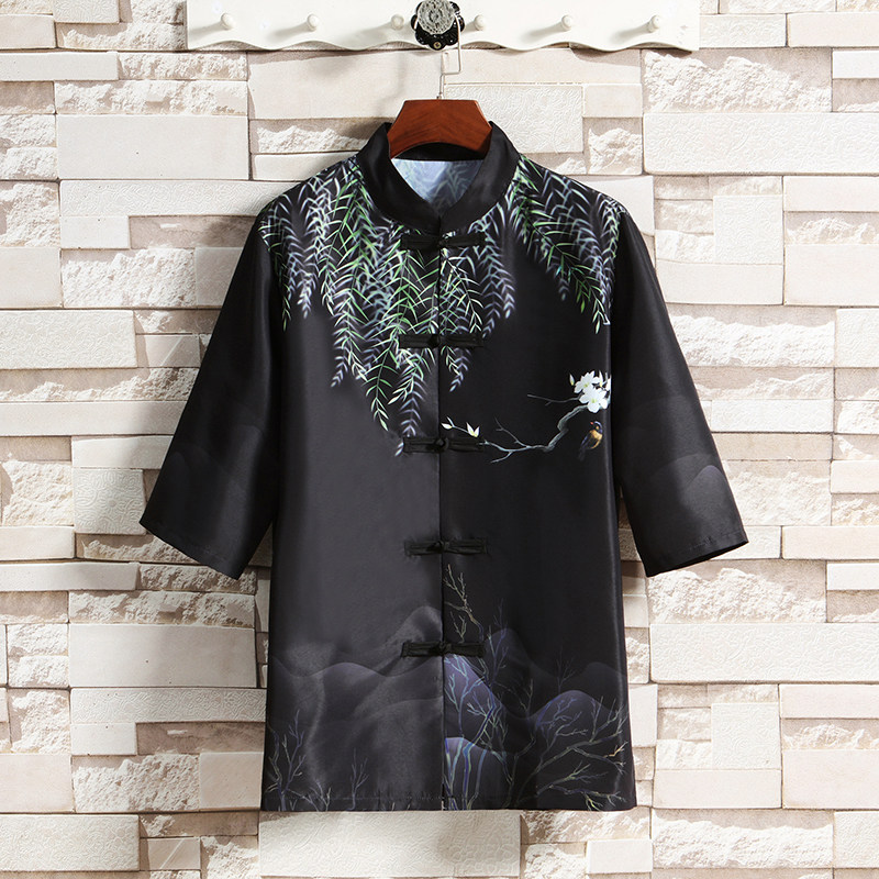 2025夏季新款风短袖衬衫唐装汉服风印花男A008-1-S204-P45,男装T恤,电商A008-1
