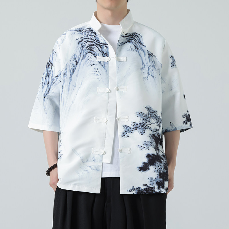2025夏季新款风短袖衬衫唐装汉服风印花男A008-1-S202-P45图片