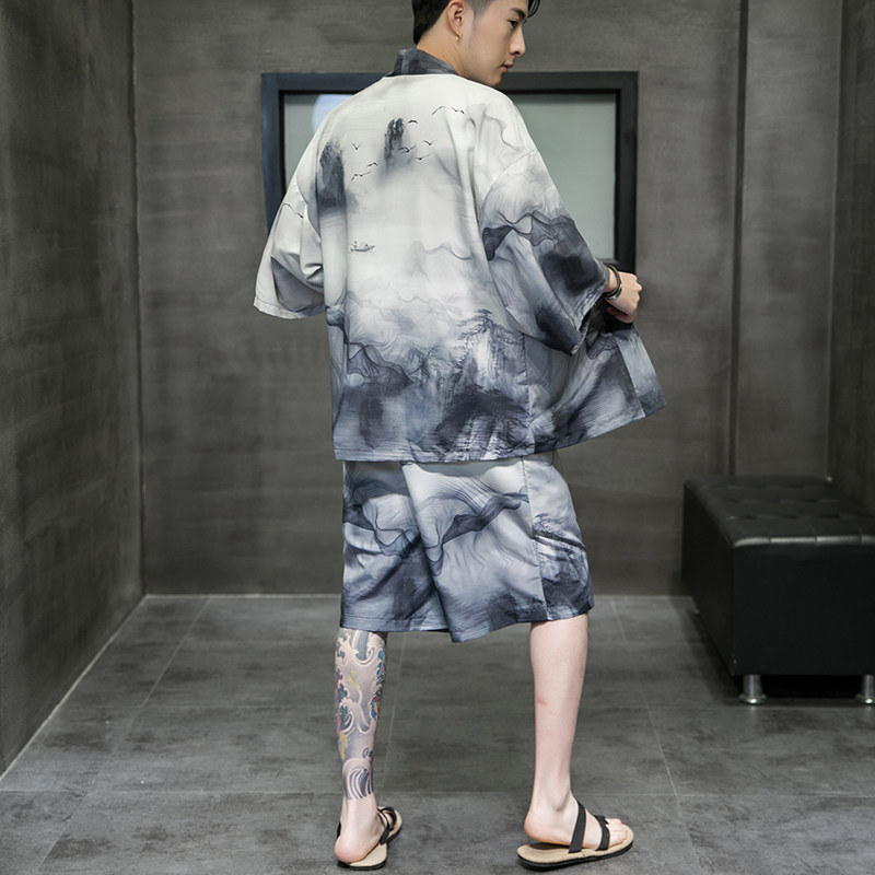 夏季风道袍男短袖汉服开衫和服防晒衣套装DS-A008-1-TZK51P70,男装防晒衣,电商A008-1