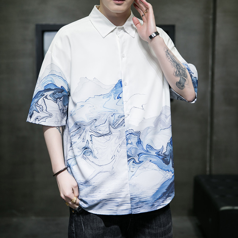 男士印花风休闲男新潮款青年短袖衬衫DS-A008-1-S022-P45,男装T恤,电商A008-1