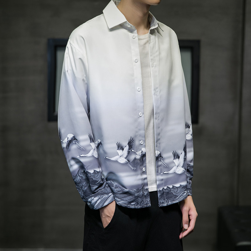 2025新款风仙鹤印花长袖衬衫外塔6006S603-P45,男装衬衫,电商A008-1