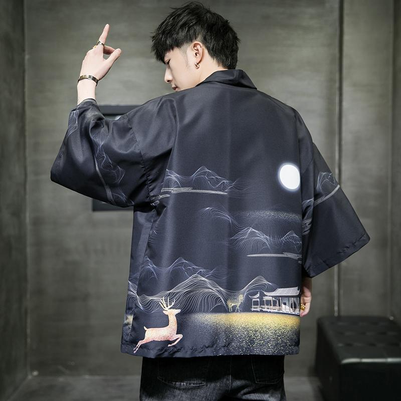 夏季新款风仙鹤祥鹿汉服开衫披风男DS-A008-1-K93p40,男装民族服装,电商A008-1