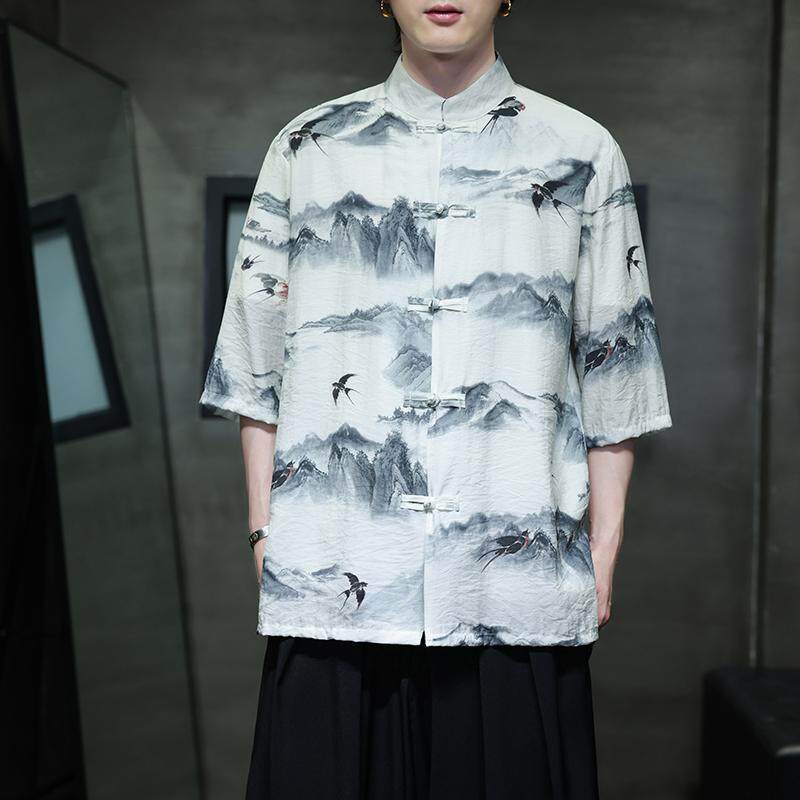 夏季新款风短袖衬衫唐装汉服风印花男A008-1-1102-P50,男装衬衫,电商A008-1